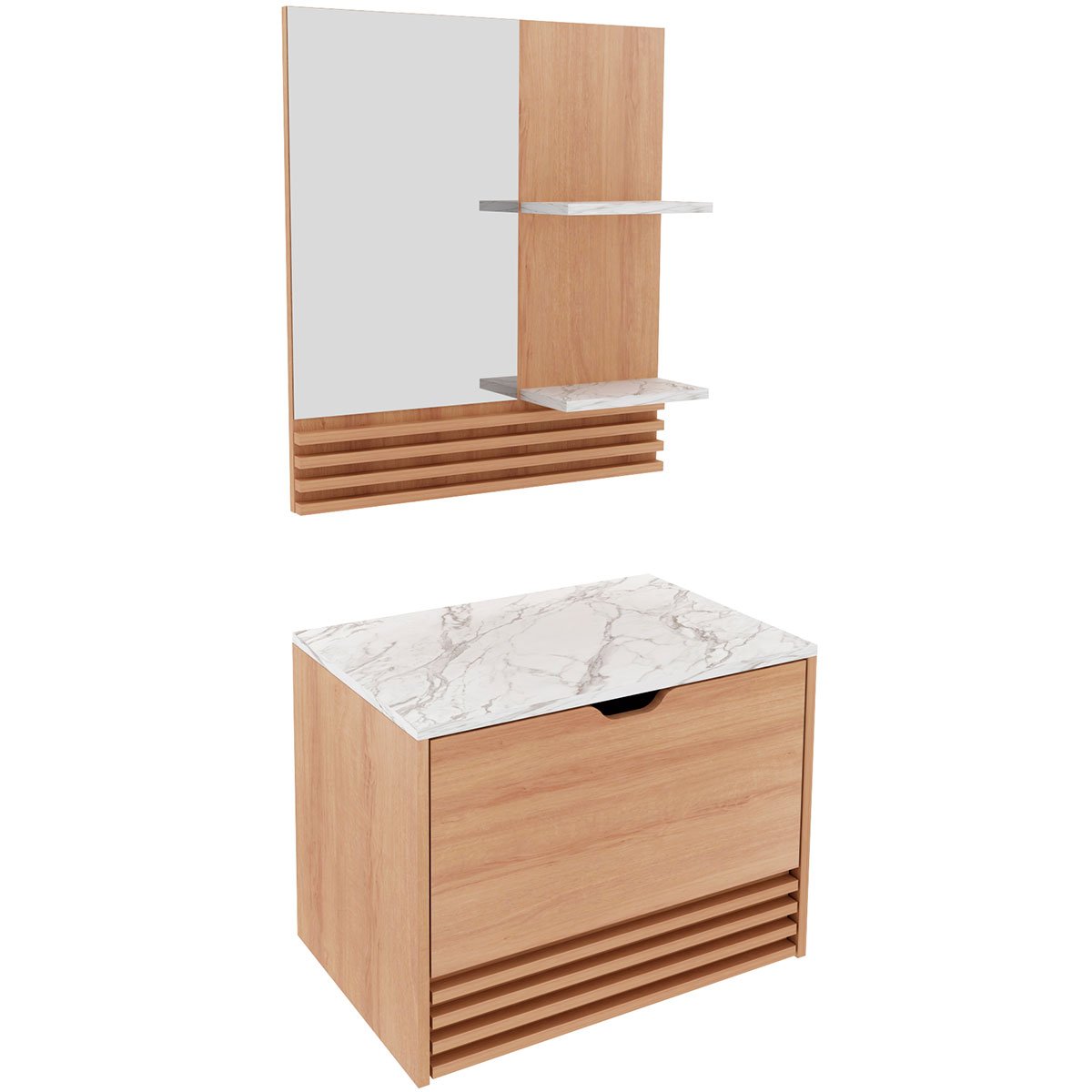 Kit Gabinete e Espelheira de Banheiro 60 cm Sâmia Amêndoa/Mármore Branco