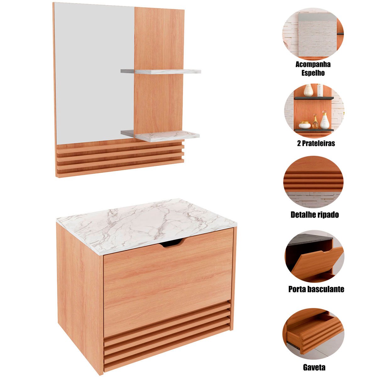 Kit Gabinete e Espelheira de Banheiro 60 cm Sâmia Amêndoa/Mármore Branco