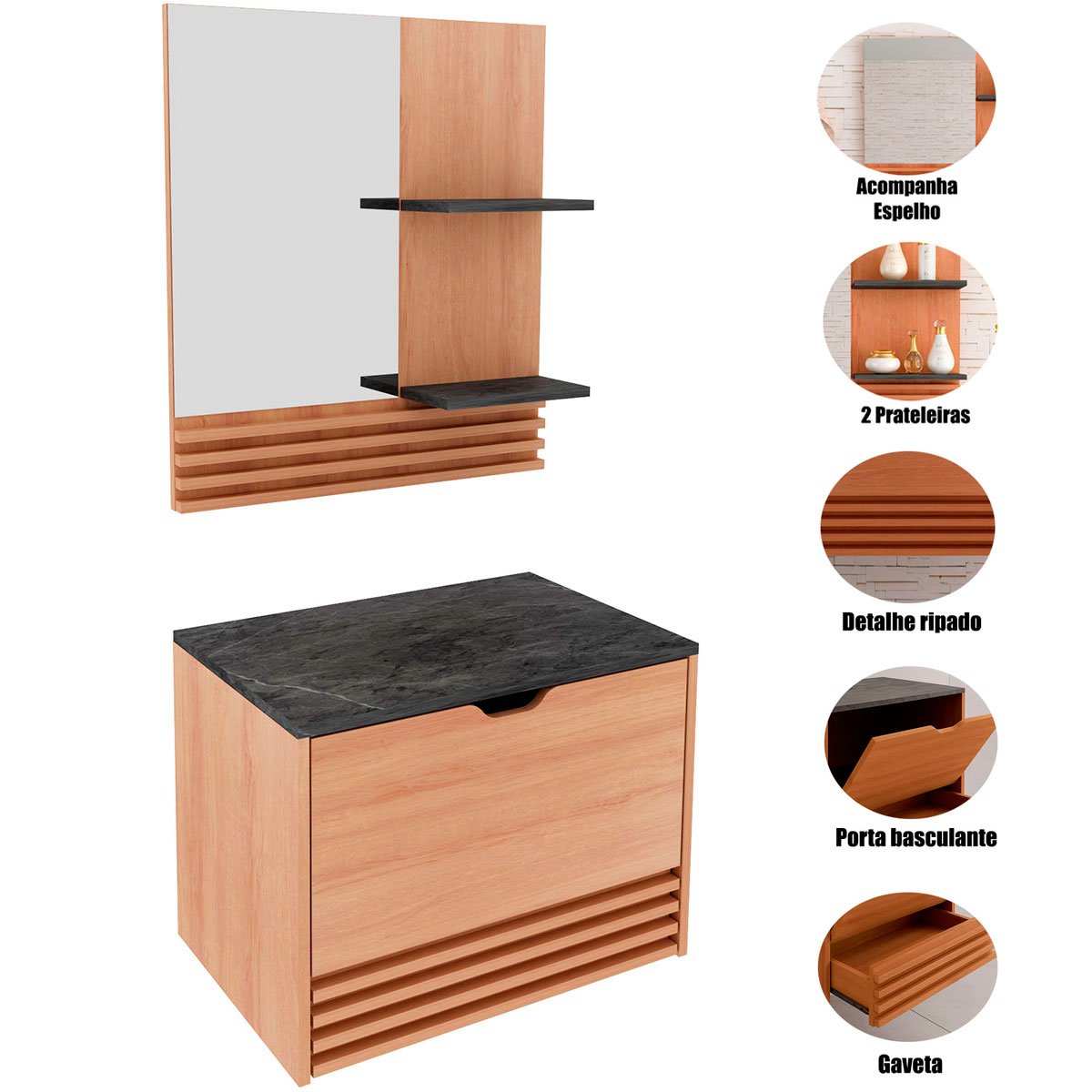 Kit Gabinete e Espelheira de Banheiro 60 cm Sâmia Amêndoa/Mármore Lunar