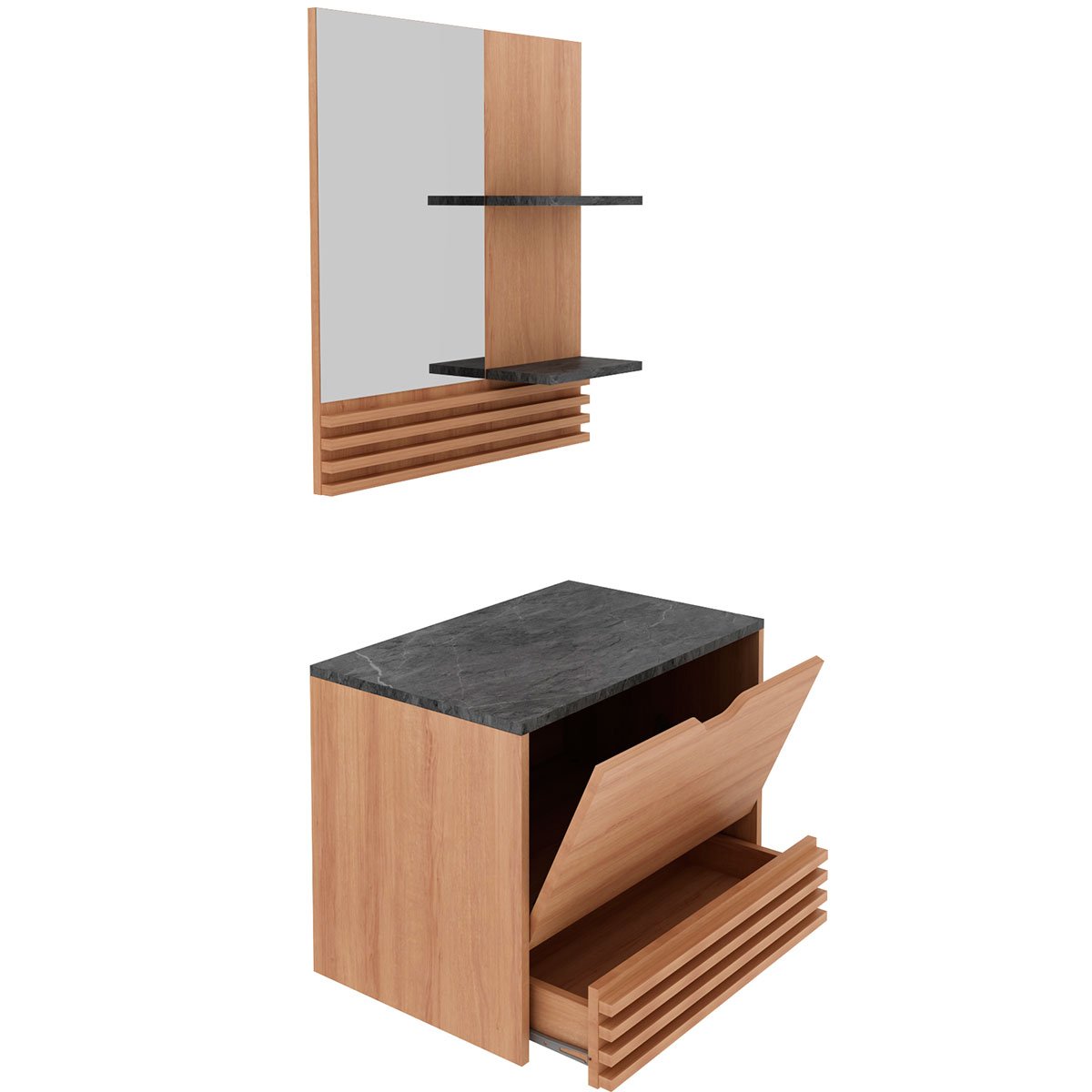 Kit Gabinete e Espelheira de Banheiro 60 cm Sâmia Amêndoa/Mármore Lunar