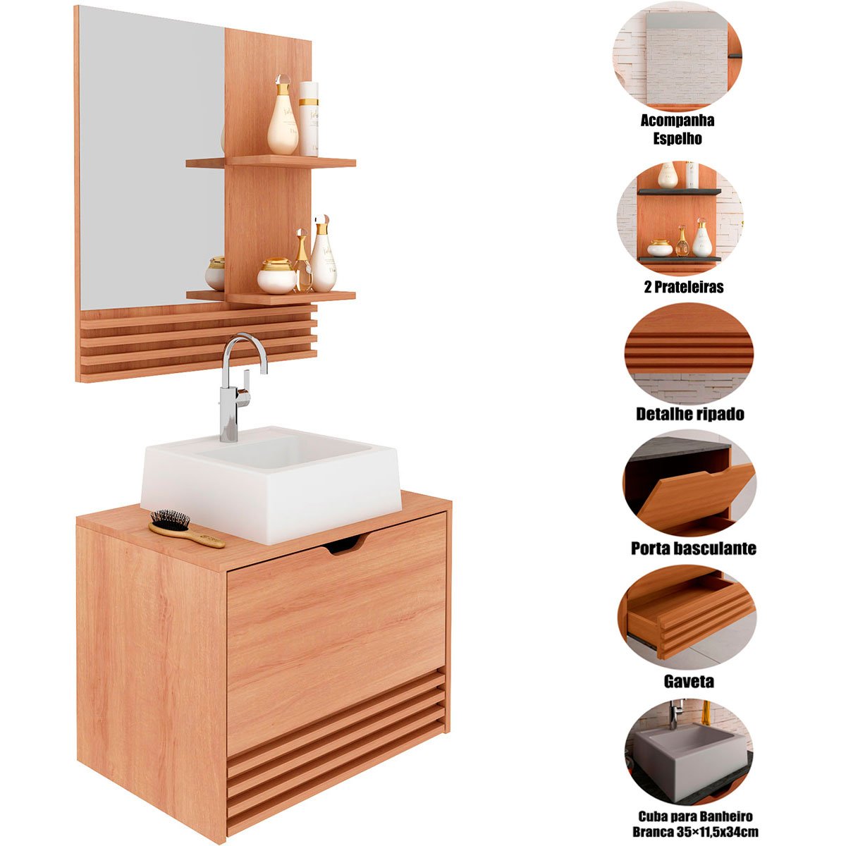 Kit Gabinete e Espelheira de Banheiro 60 cm com Cuba Sâmia Amêndoa