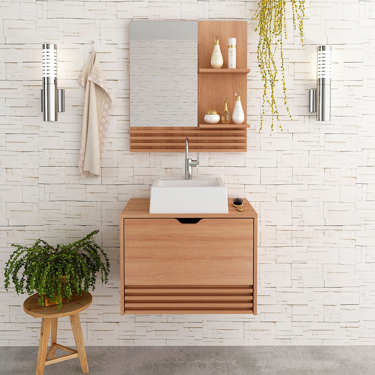 Kit Gabinete e Espelheira de Banheiro 60 cm com Cuba Sâmia Amêndoa