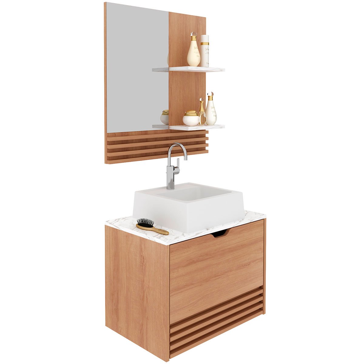 Kit Gabinete e Espelheira de Banheiro 60 cm com Cuba Sâmia Amêndoa/Mármore Branco