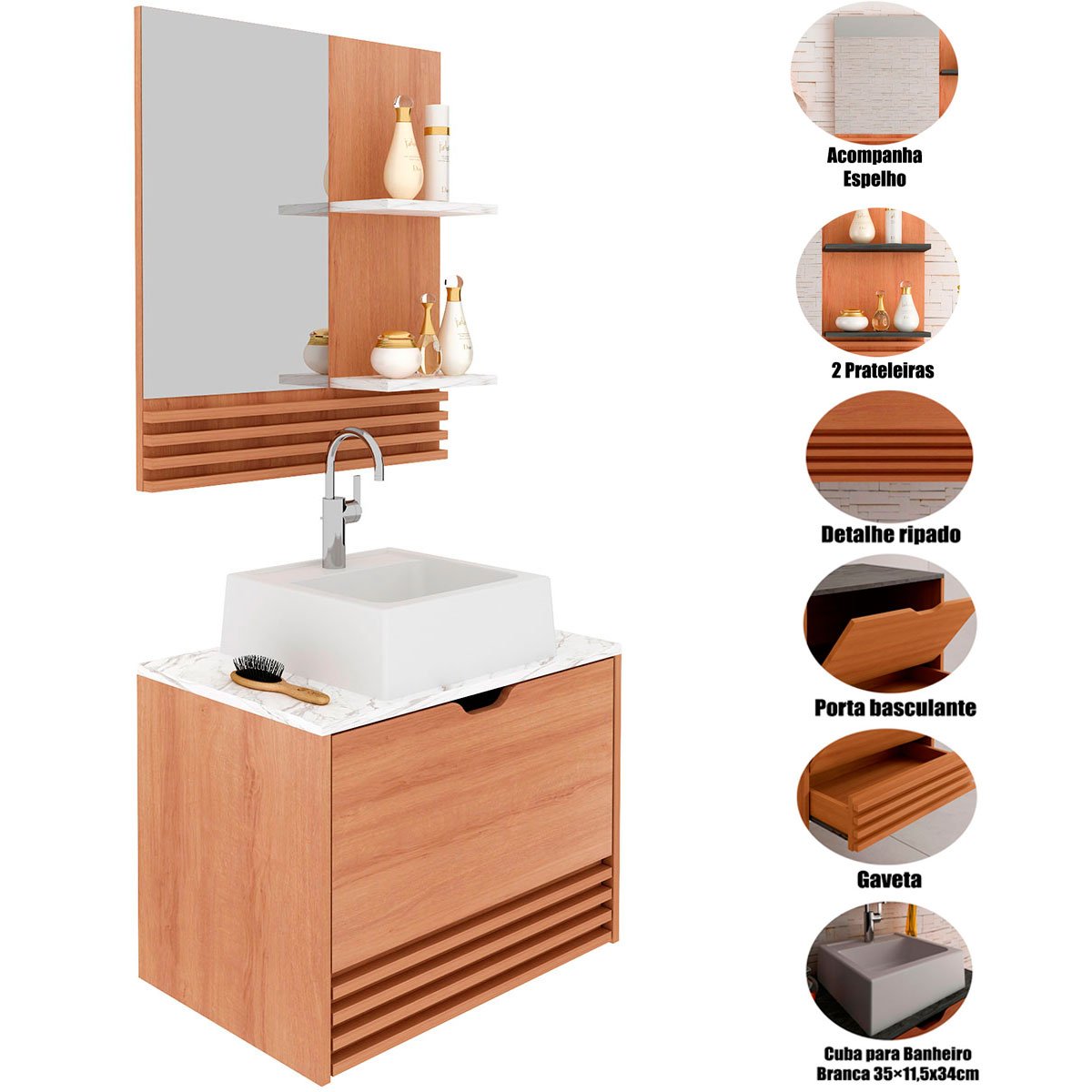 Kit Gabinete e Espelheira de Banheiro 60 cm com Cuba Sâmia Amêndoa/Mármore Branco