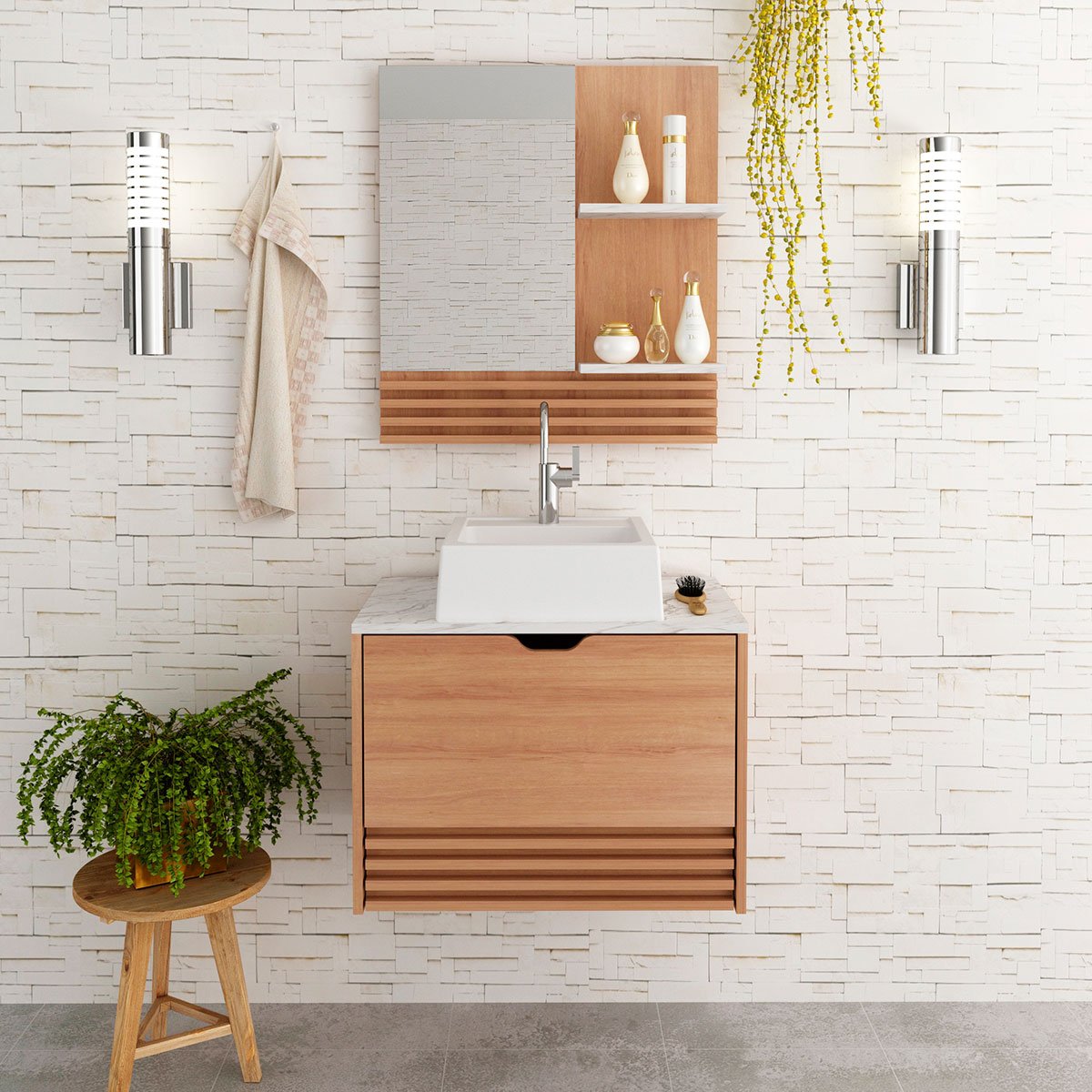 Kit Gabinete e Espelheira de Banheiro 60 cm com Cuba Sâmia Amêndoa/Mármore Branco