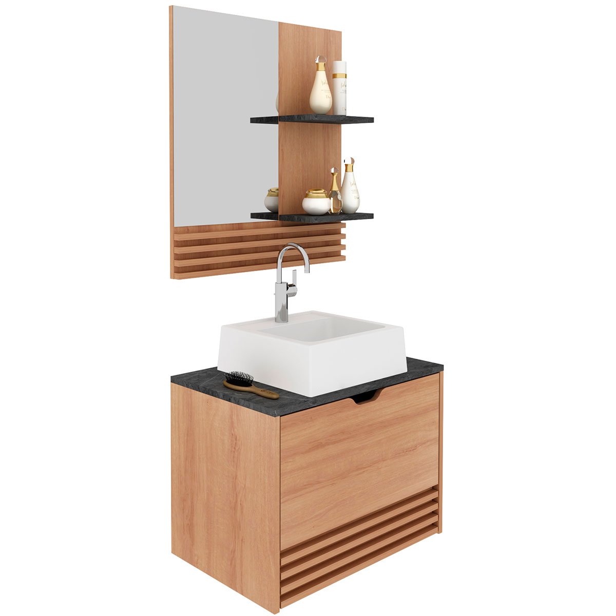 Kit Gabinete e Espelheira de Banheiro 60 cm com Cuba Sâmia Amêndoa/Mármore Lunar