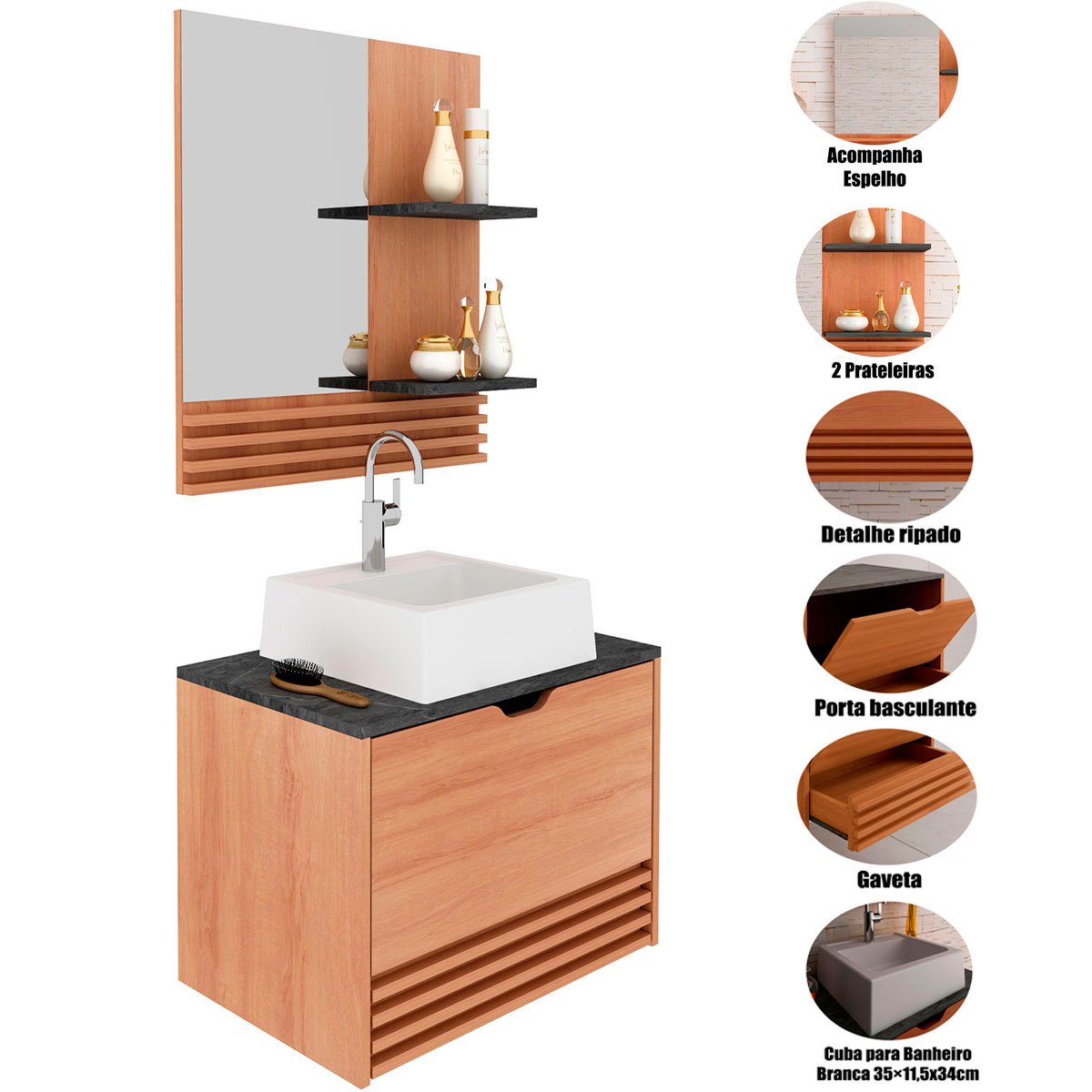 Kit Gabinete e Espelheira de Banheiro 60 cm com Cuba Sâmia Amêndoa/Mármore Lunar