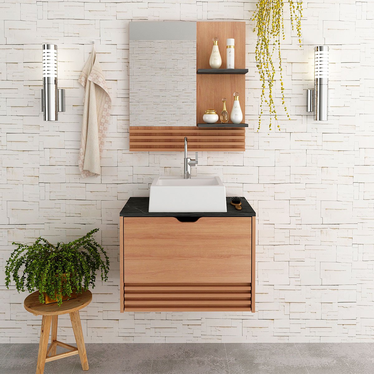 Kit Gabinete e Espelheira de Banheiro 60 cm com Cuba Sâmia Amêndoa/Mármore Lunar