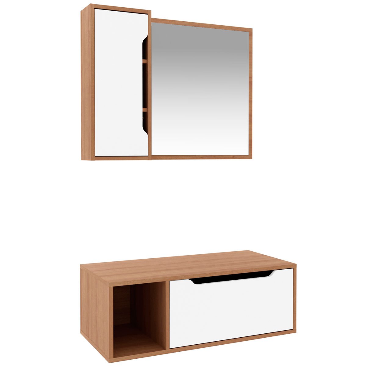 Kit Gabinete e Espelheira de Banheiro 80 cm Karina Amêndoa/Branco
