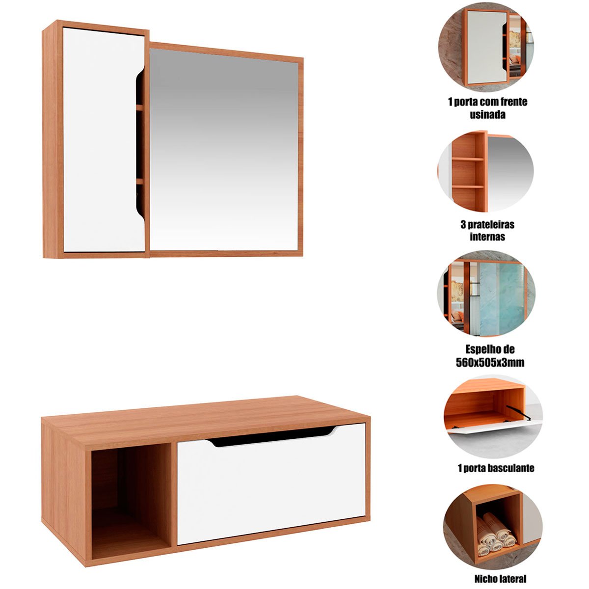 Kit Gabinete e Espelheira de Banheiro 80 cm Karina Amêndoa/Branco