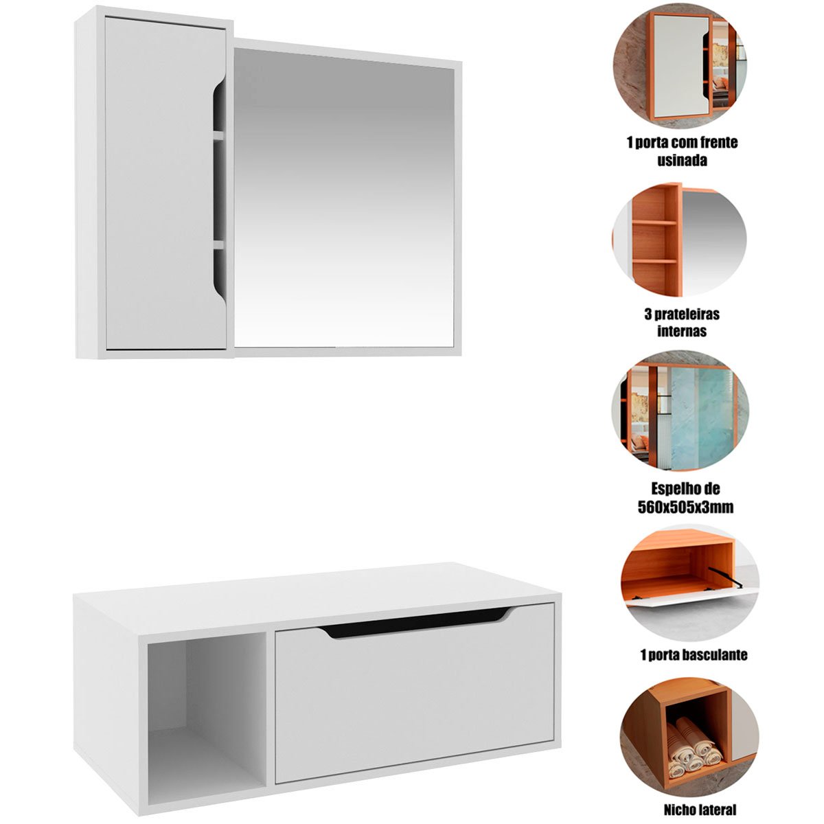 Kit Gabinete e Espelheira de Banheiro 80 cm Karina Branco