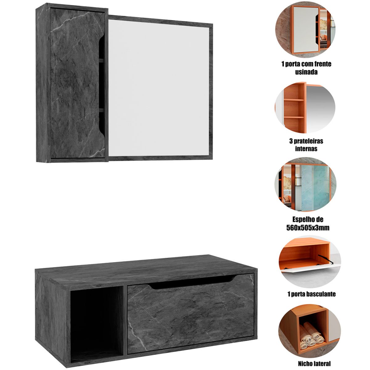 Kit Gabinete e Espelheira de Banheiro 80 cm Karina Mármore Lunar