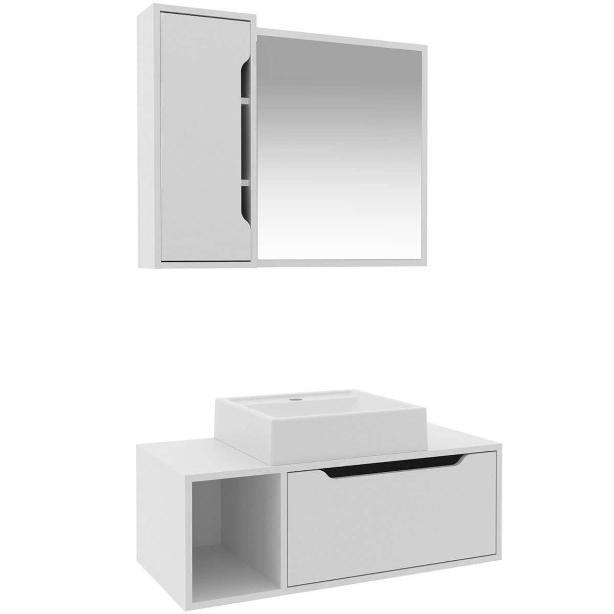 Kit Gabinete e Espelheira de Banheiro 80 cm com Cuba Karina Branco