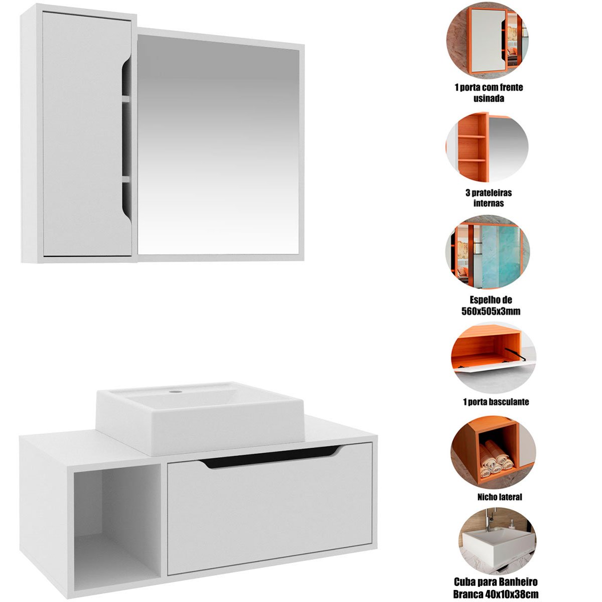 Kit Gabinete e Espelheira de Banheiro 80 cm com Cuba Karina Branco