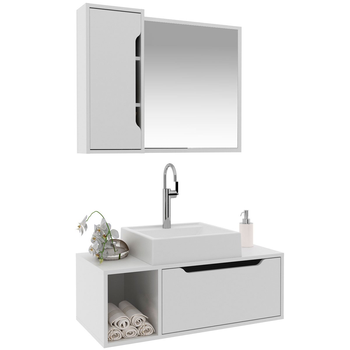 Kit Gabinete e Espelheira de Banheiro 80 cm com Cuba Karina Branco