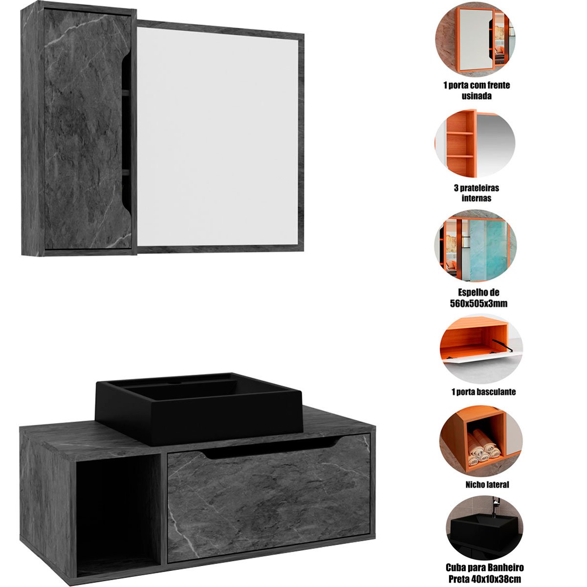 Kit Gabinete e Espelheira de Banheiro 80 cm com Cuba Karina Mármore Lunar