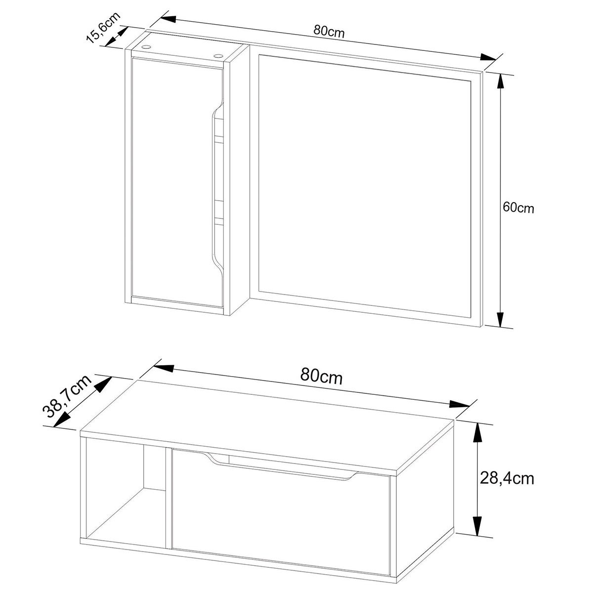 Kit Gabinete e Espelheira de Banheiro 80 cm com Cuba Karina Mármore Lunar
