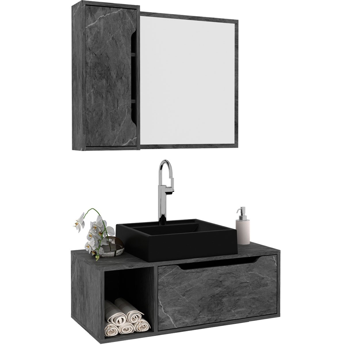 Kit Gabinete e Espelheira de Banheiro 80 cm com Cuba Karina Mármore Lunar