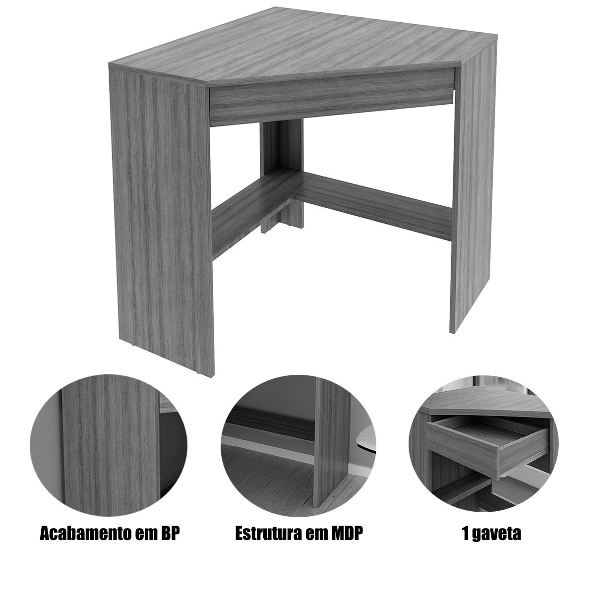 Mesa Escrivaninha de Canto para Escritório 1 Gaveta Amêndoa