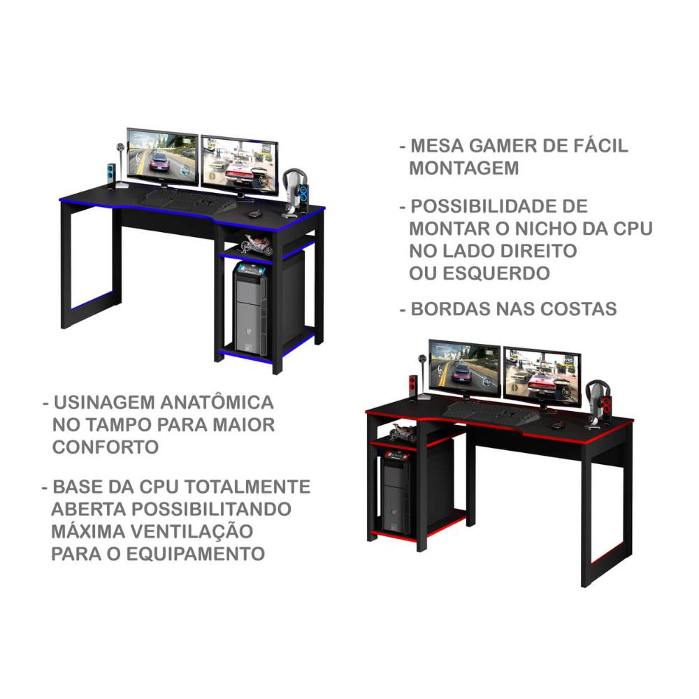 Mesa Gamer 136cm com 2 Prateleiras e Porta CPU ME4152 Preto/Vermelho Tecnomobili