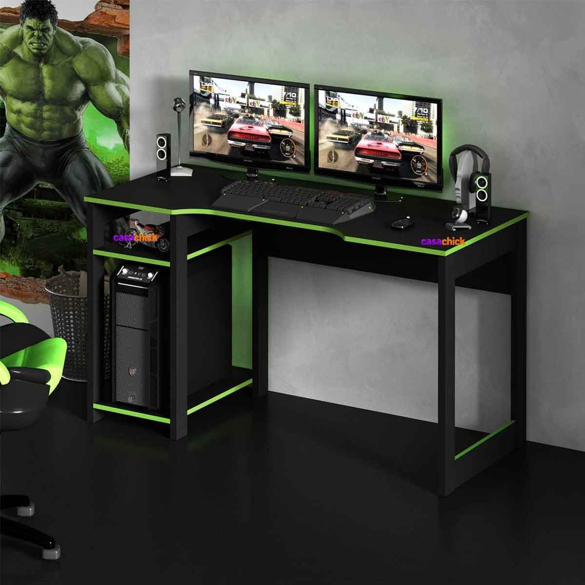 Mesa Gamer com Espaço para 2 Monitores e para CPU ME4152  Preto/Verde
