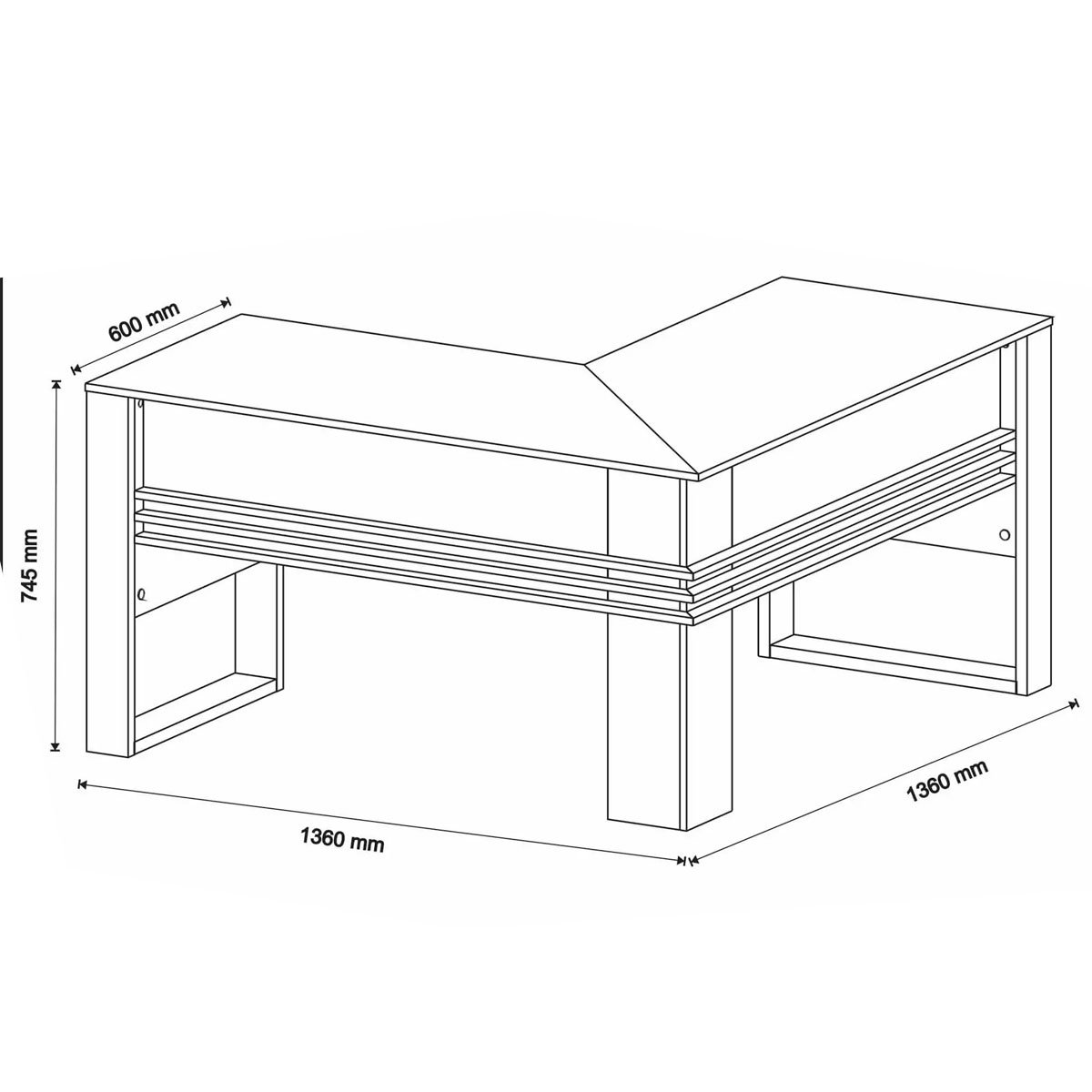 Mesa de Canto para Escritório em L Angular Detalhe Ripado Amêndoa