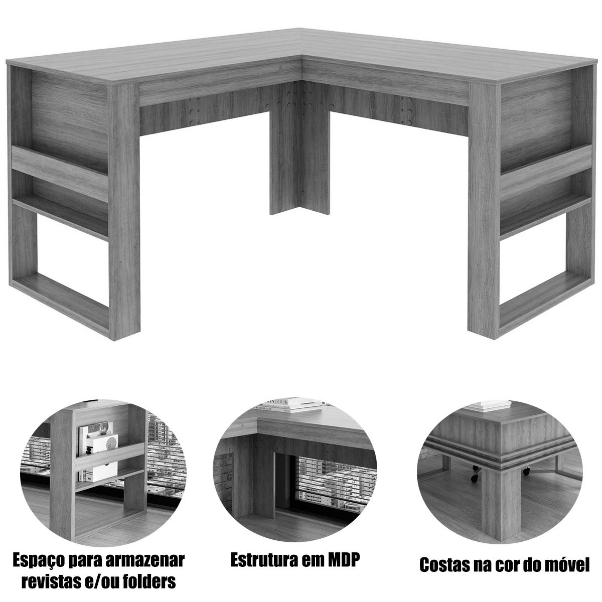 Mesa de Canto para Escritório em L Angular Detalhe Ripado Amêndoa