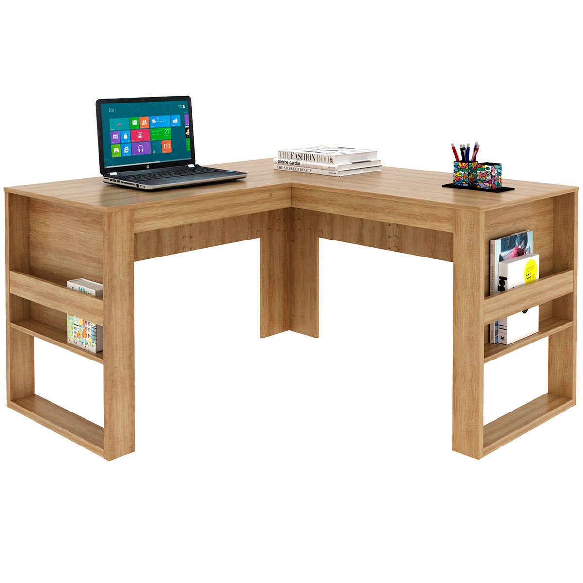 Mesa de Canto para Escritório em L Angular Detalhe Ripado Amêndoa