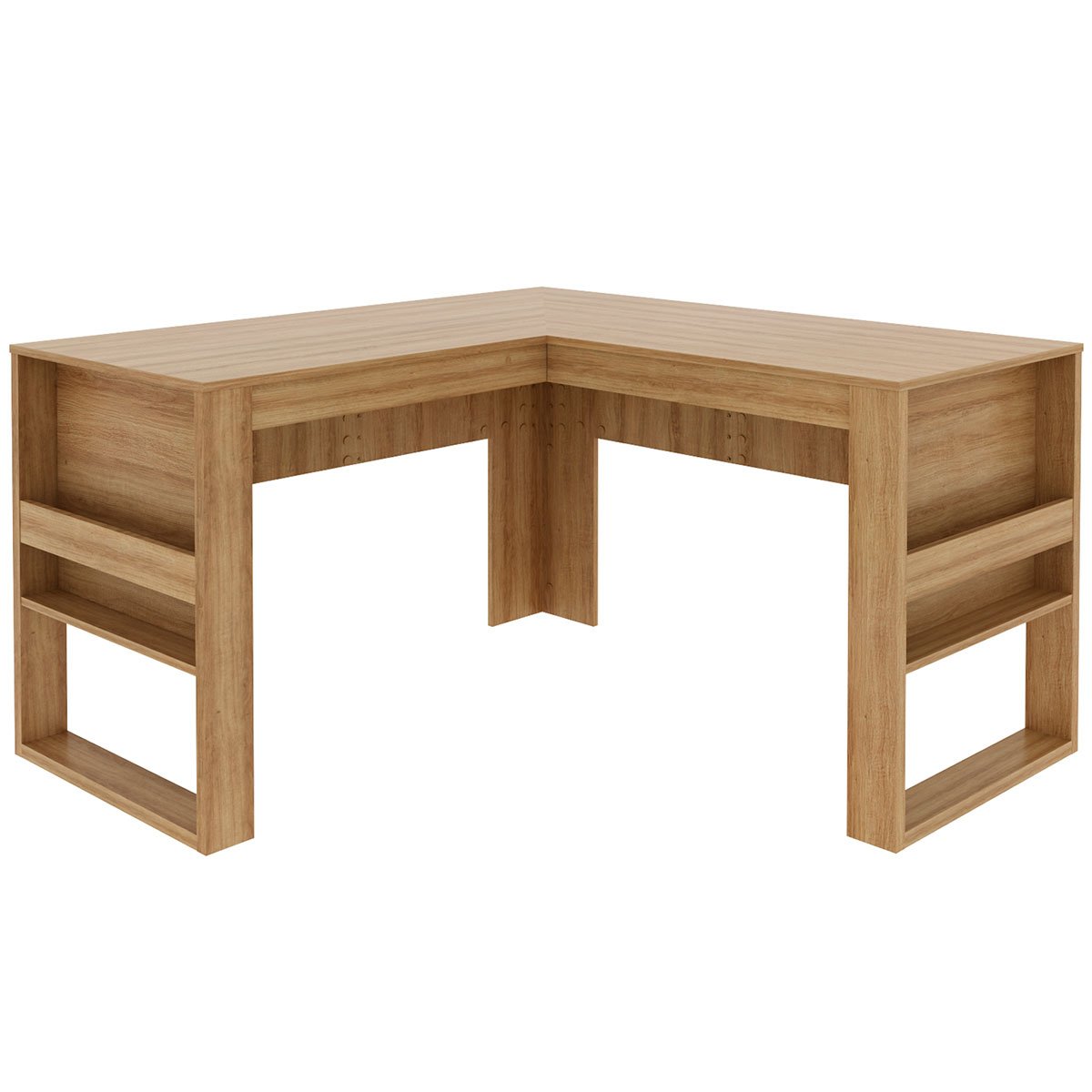 Mesa de Canto para Escritório em L Angular Detalhe Ripado Amêndoa