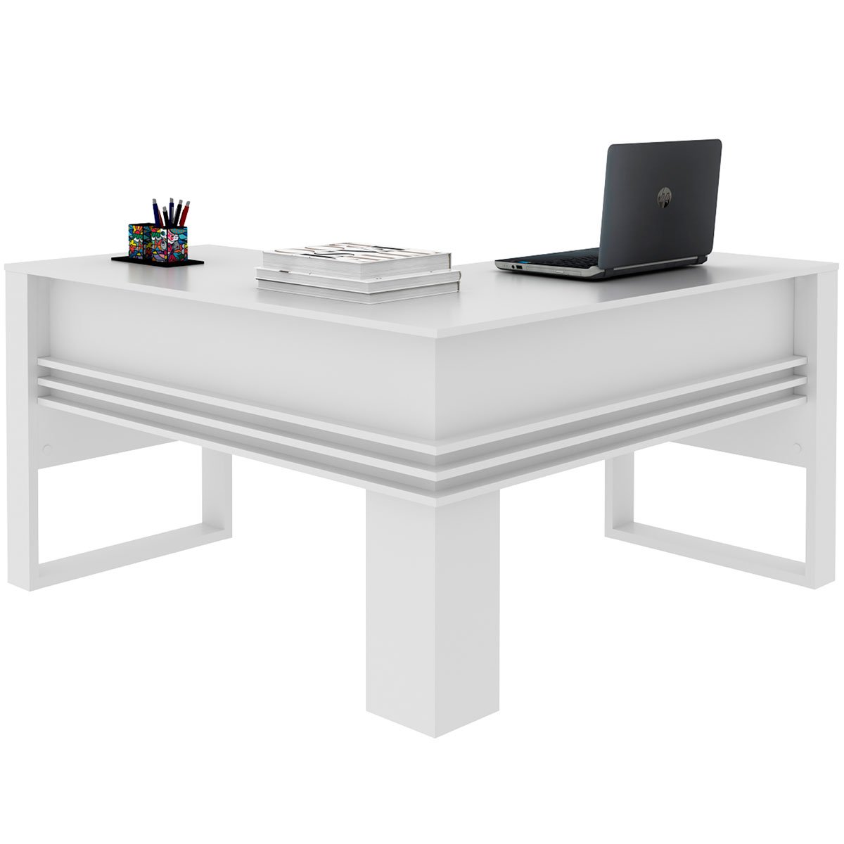 Mesa de Canto para Escritório em L Angular Detalhe Ripado Branco