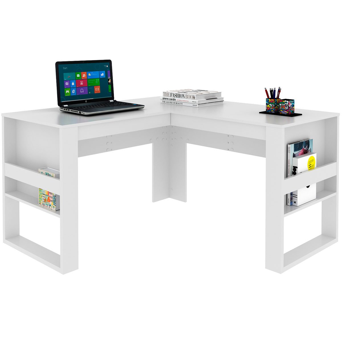 Mesa de Canto para Escritório em L Angular Detalhe Ripado Branco