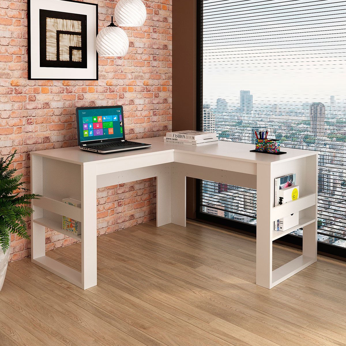 Mesa de Canto para Escritório em L Angular Detalhe Ripado Branco