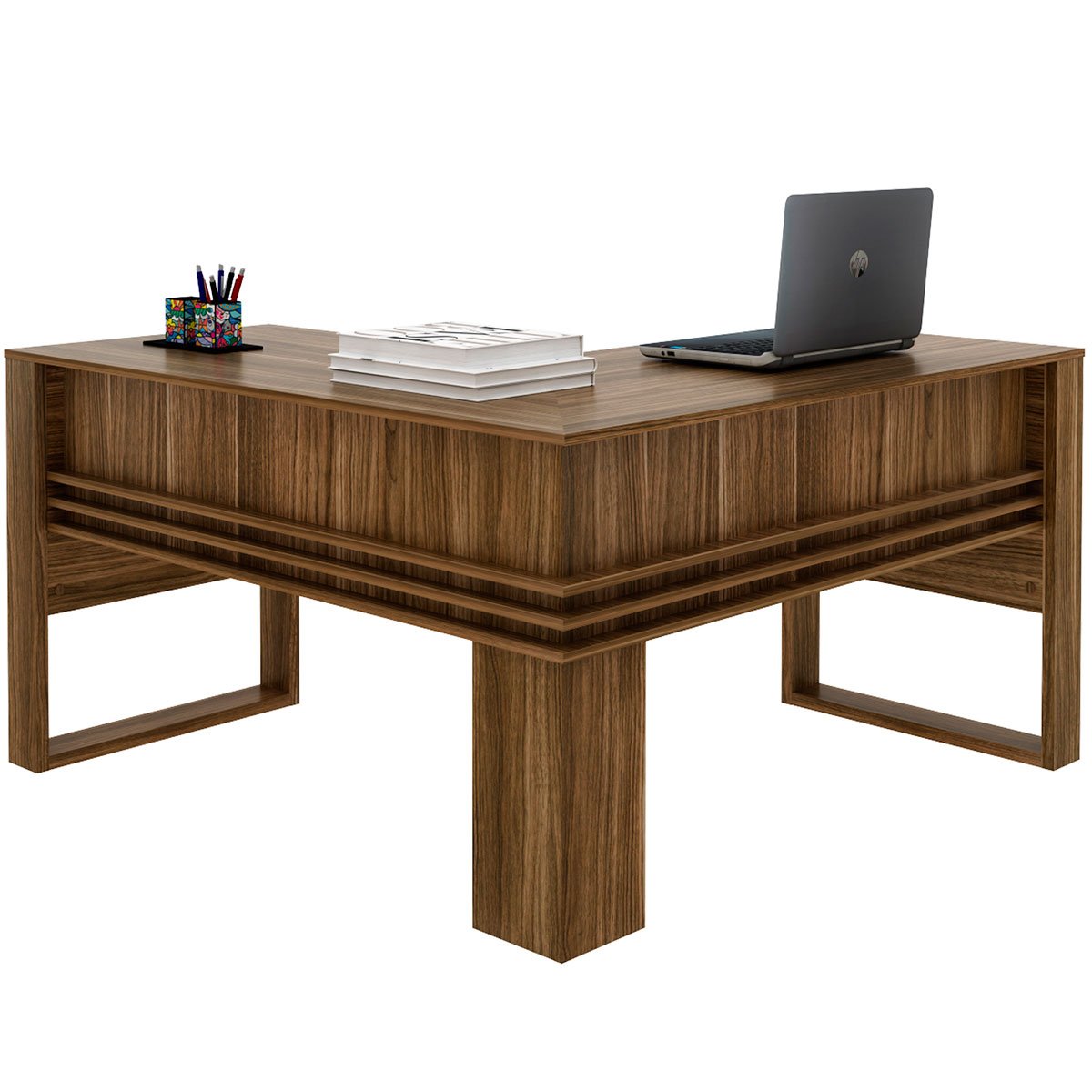 Mesa de Canto para Escritório em L Angular Detalhe Ripado Nogal