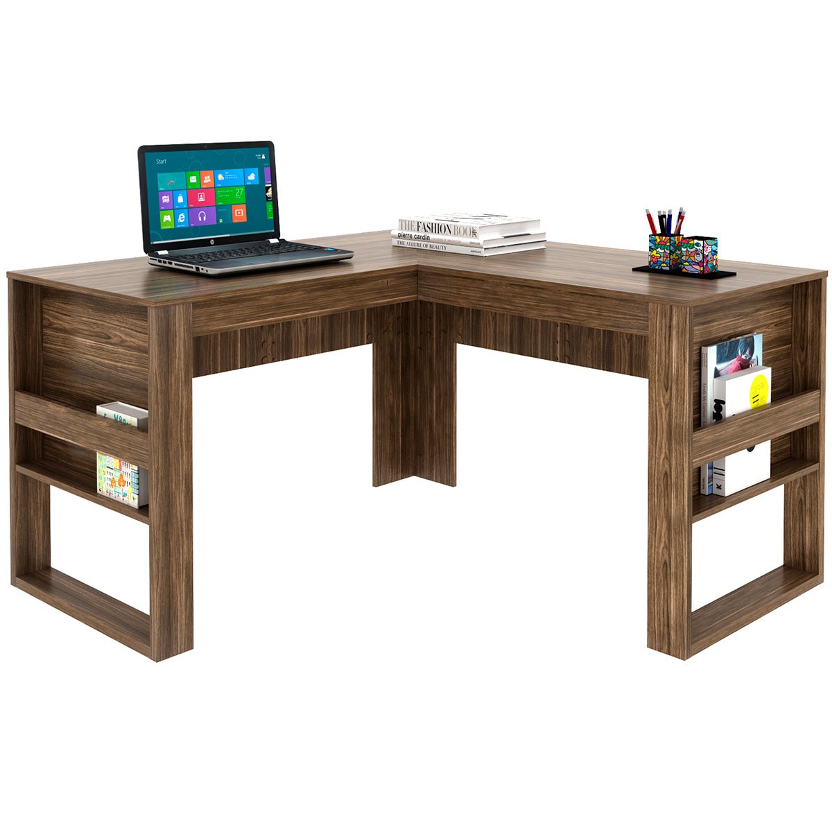 Mesa de Canto para Escritório em L Angular Detalhe Ripado Nogal