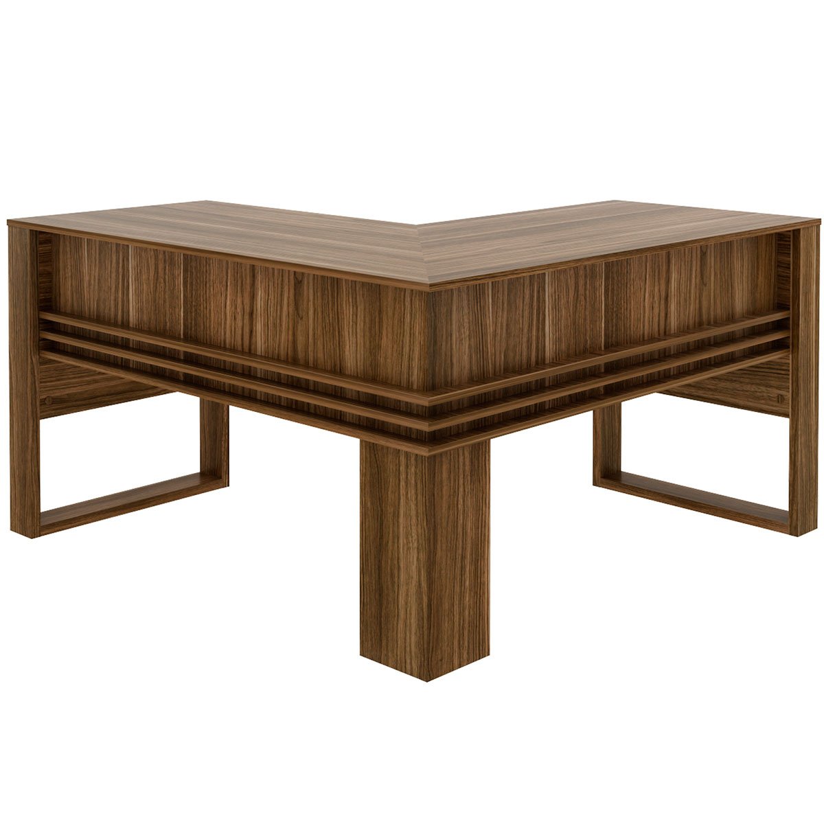 Mesa de Canto para Escritório em L Angular Detalhe Ripado Nogal
