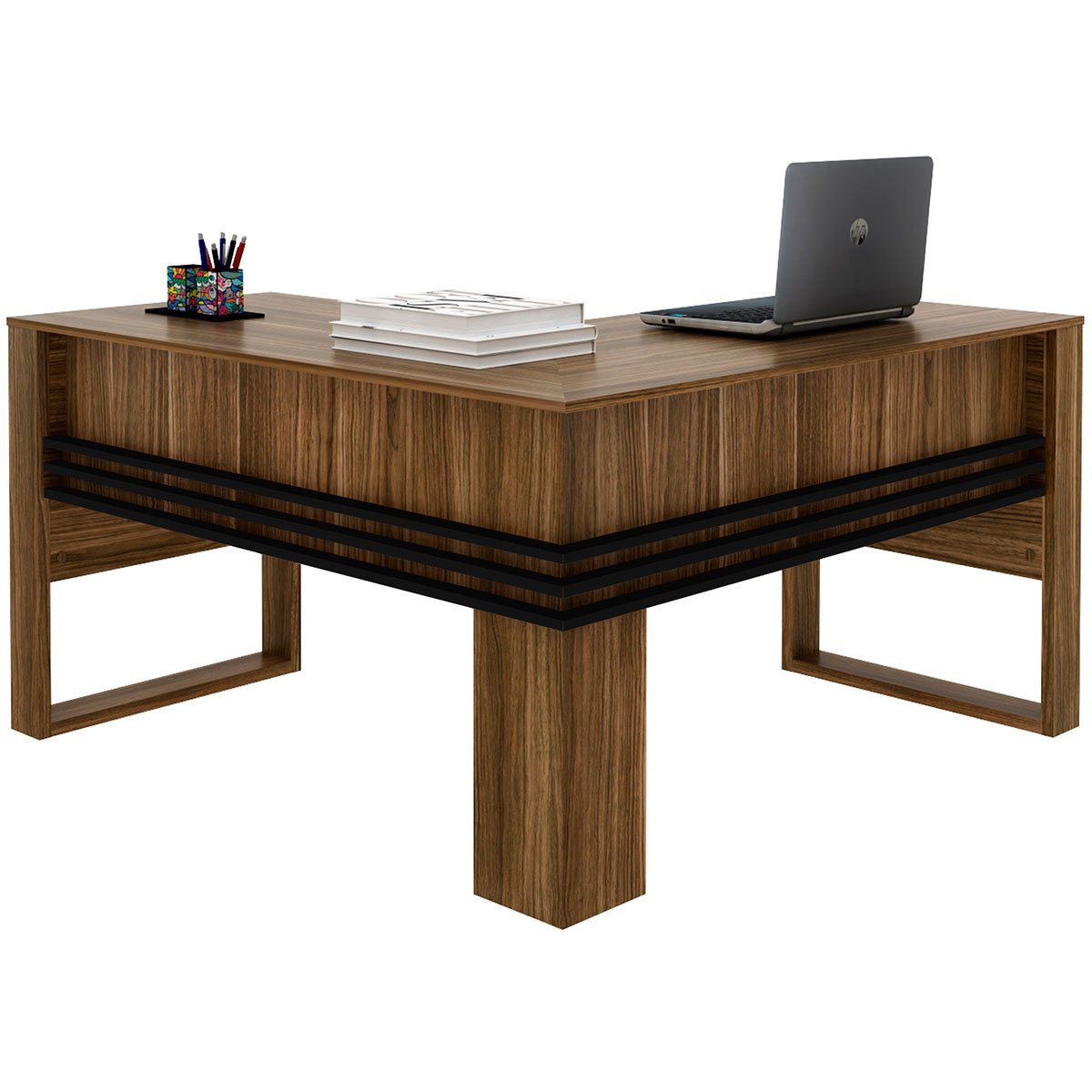 Mesa de Canto para Escritório em L Angular Detalhe Ripado Nogal/Preto