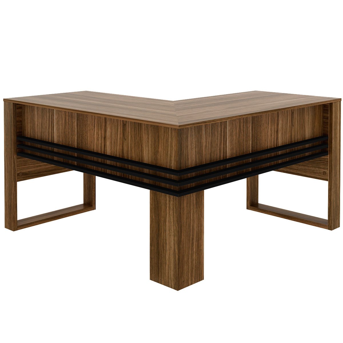 Mesa de Canto para Escritório em L Angular Detalhe Ripado Nogal/Preto