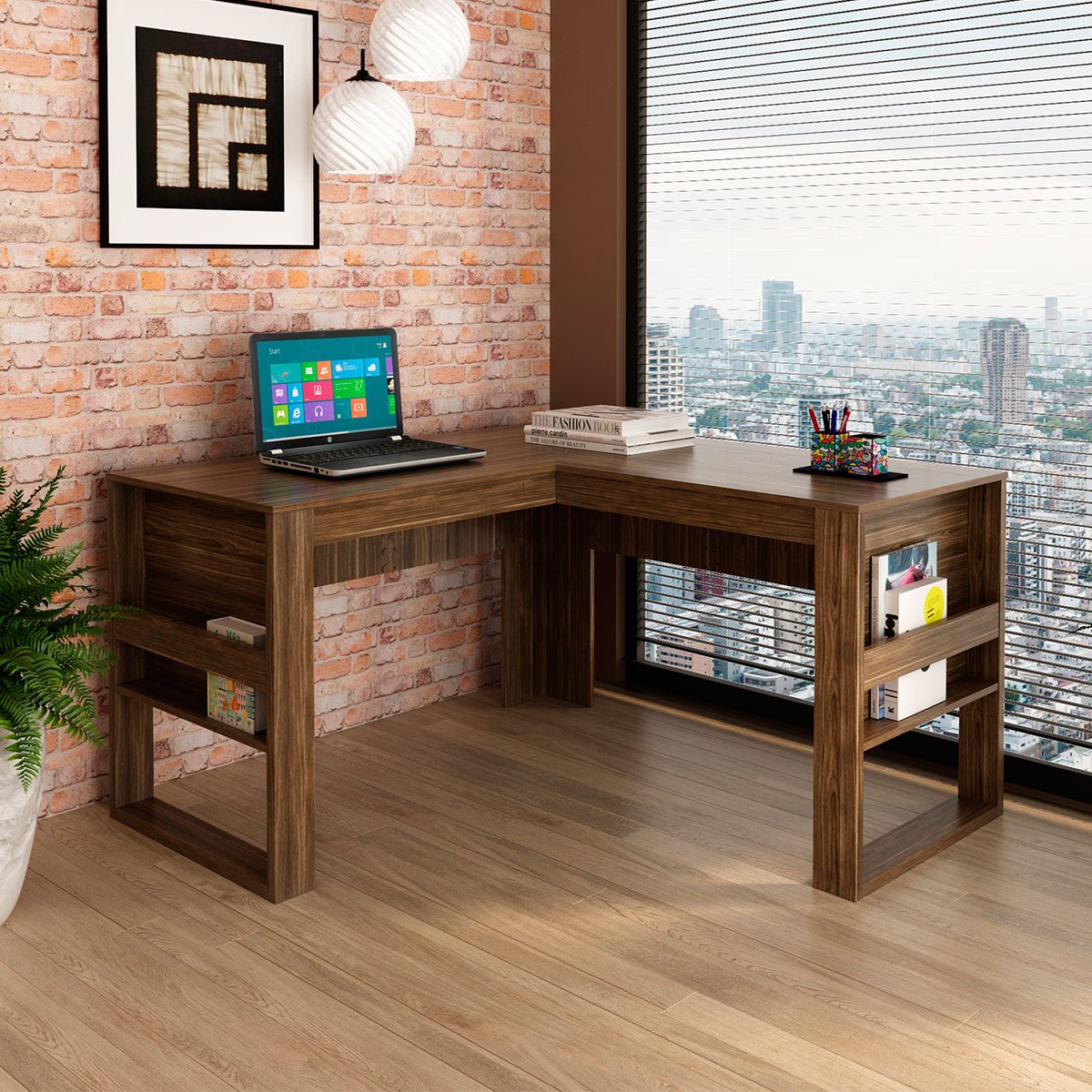 Mesa de Canto para Escritório em L Angular Detalhe Ripado Nogal/Preto