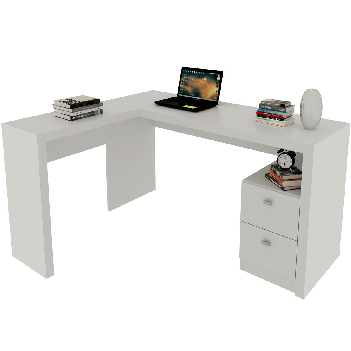 Mesa de Canto para Escritório em L Angular com 2 Gavetas Branco