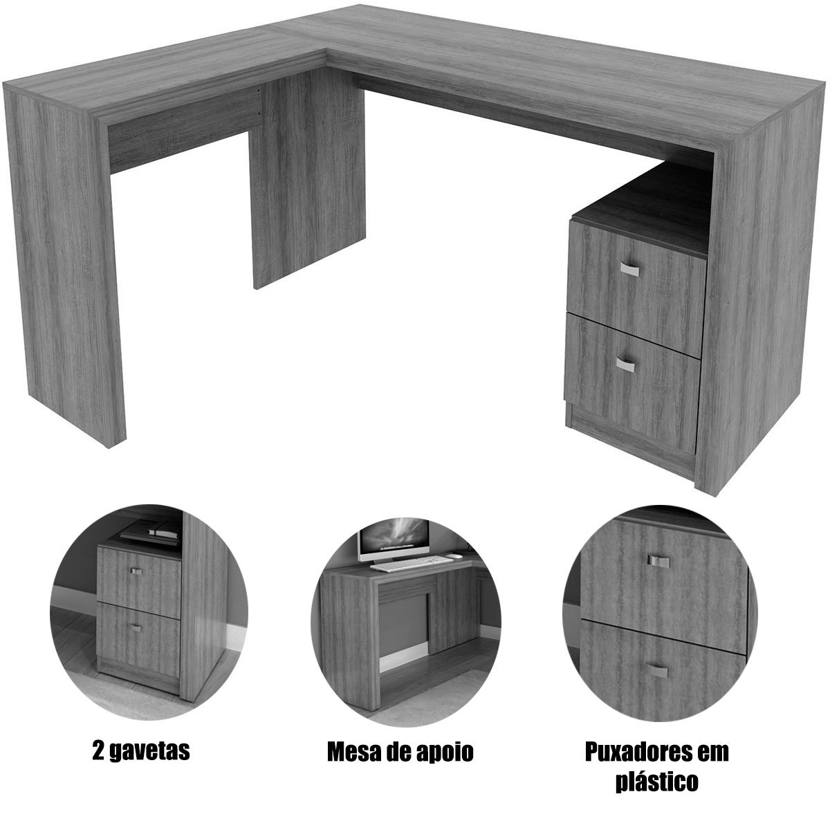 Mesa de Canto para Escritório em L Angular com 2 Gavetas Branco