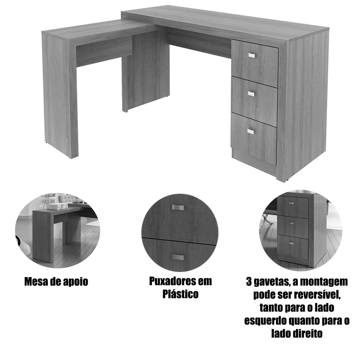 Mesa de Canto para Escritório em L Angular com 3 Gavetas Amêndoa