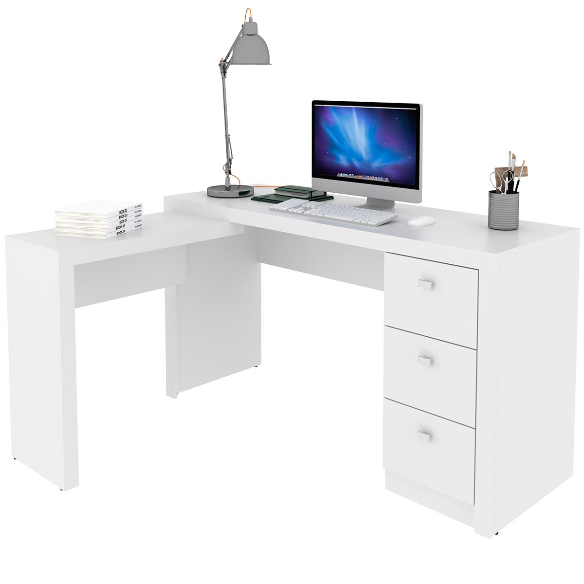 Mesa de Canto para Escritório em L Angular com 3 Gavetas Branco