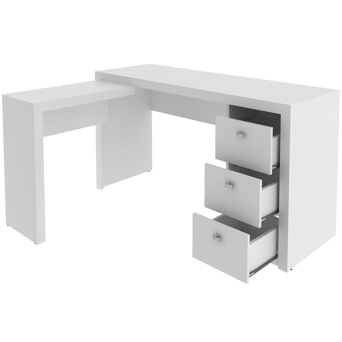 Mesa de Canto para Escritório em L Angular com 3 Gavetas Branco