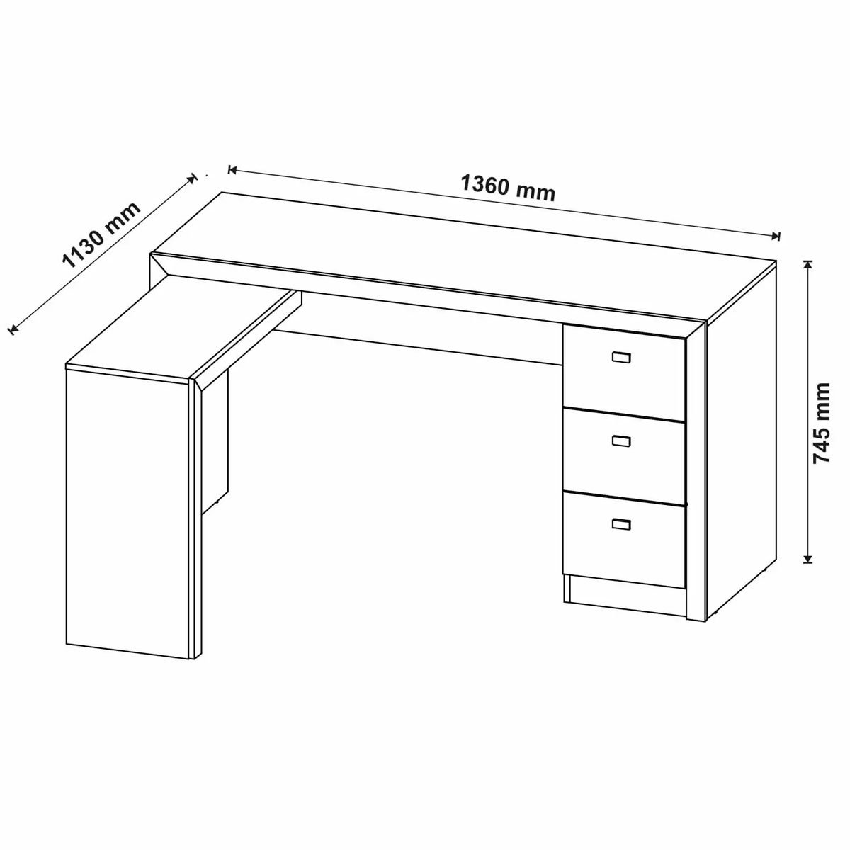 Mesa de Canto para Escritório em L Angular com 3 Gavetas Branco