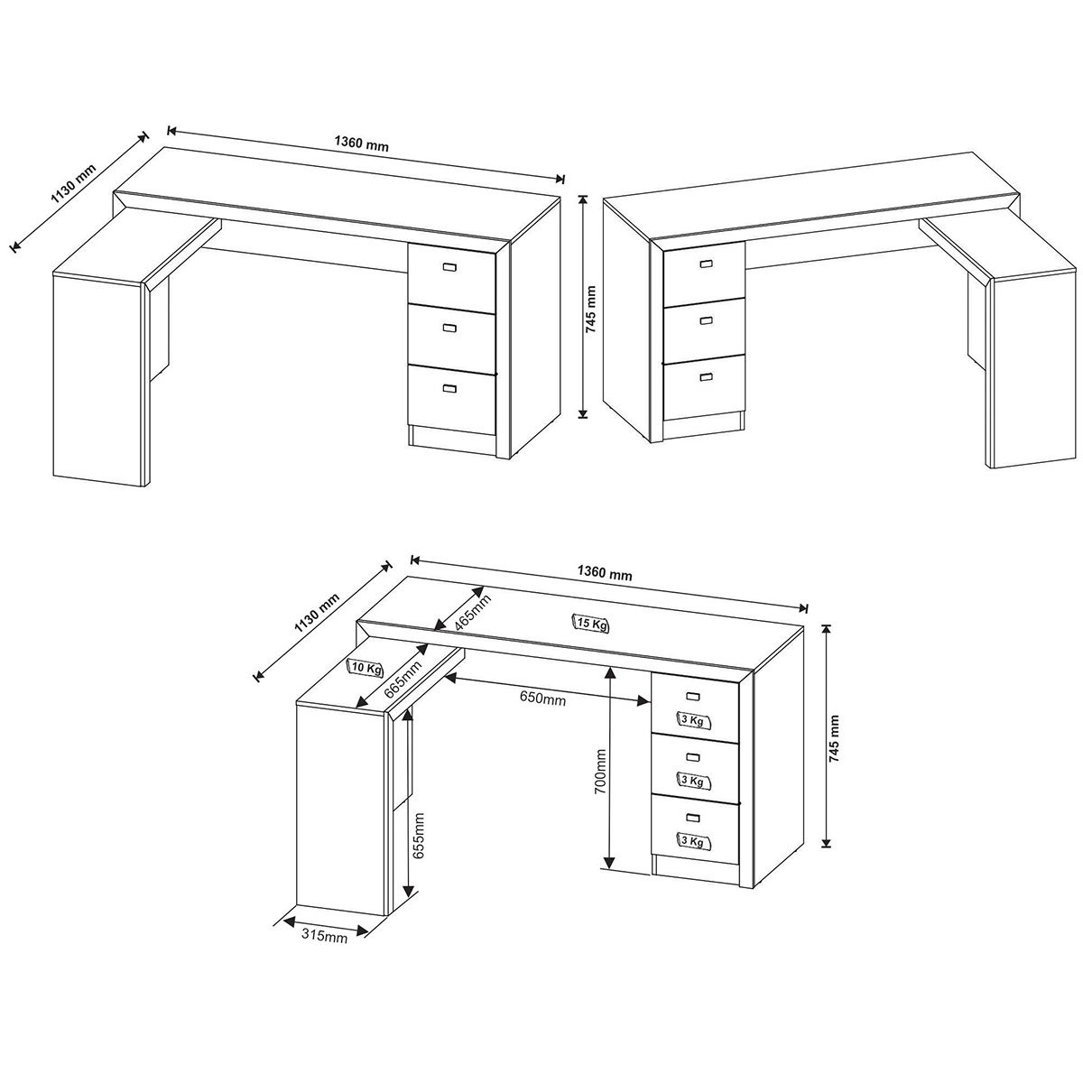 Mesa de Canto para Escritório em L Angular com 3 Gavetas Branco