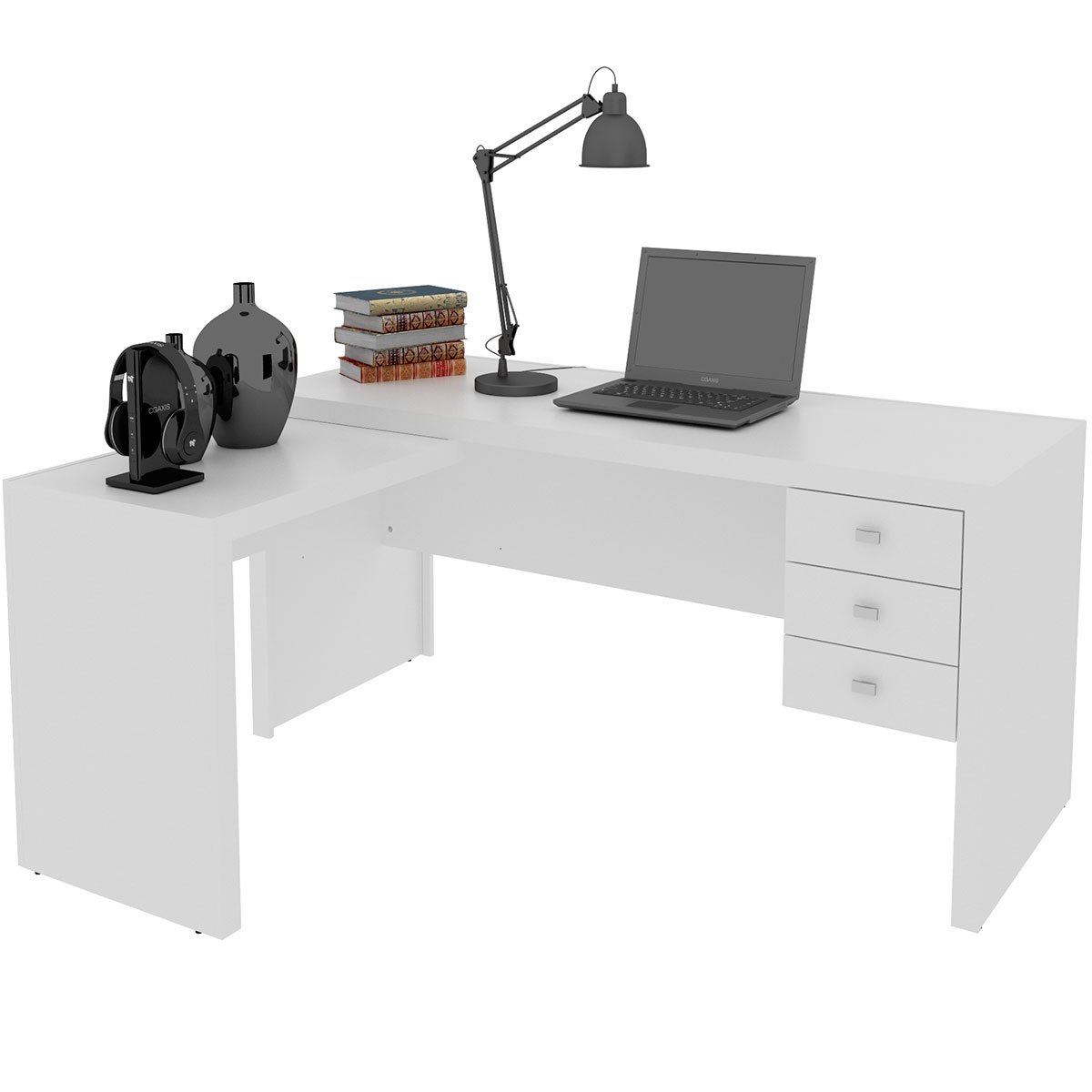 Mesa de Canto para Escritório em L Angular com 3 Gavetas Branco