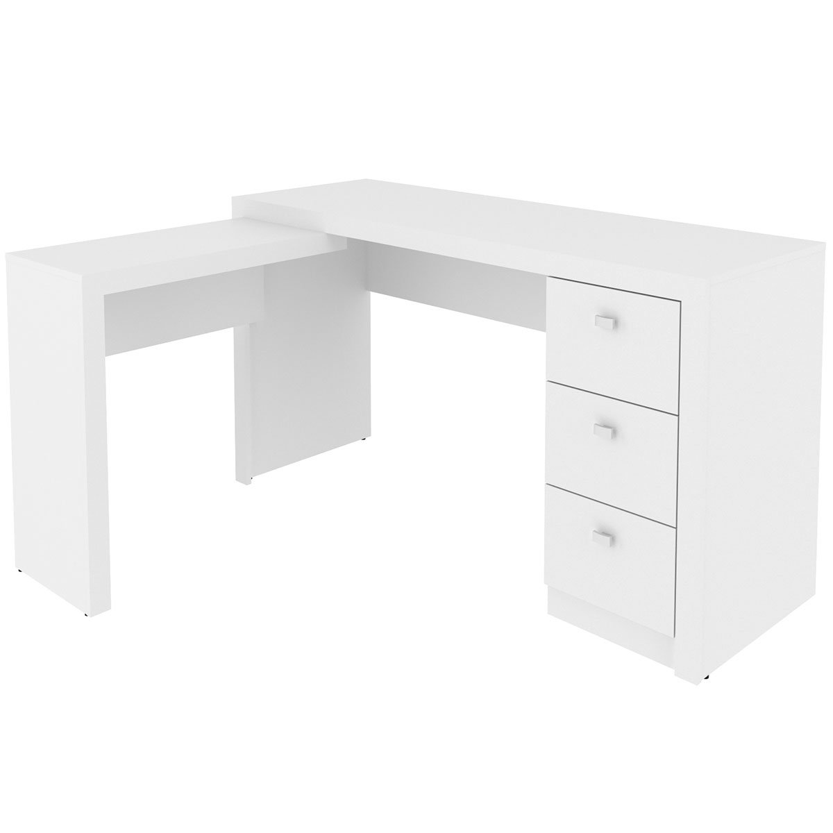 Mesa de Canto para Escritório em L Angular com 3 Gavetas Branco