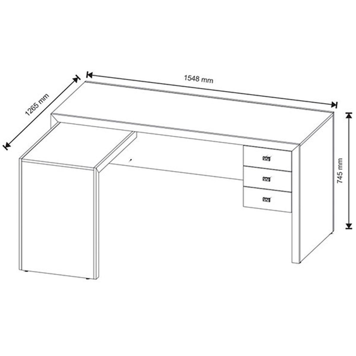 Mesa de Canto para Escritório em L Angular com 3 Gavetas Branco