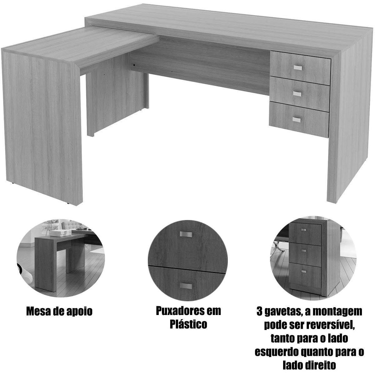 Mesa de Canto para Escritório em L Angular com 3 Gavetas Branco