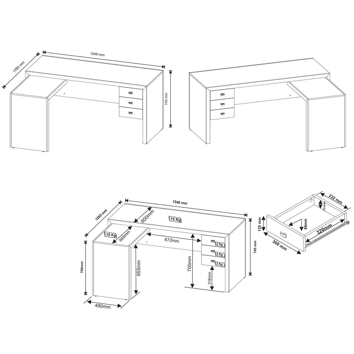 Mesa de Canto para Escritório em L Angular com 3 Gavetas Branco